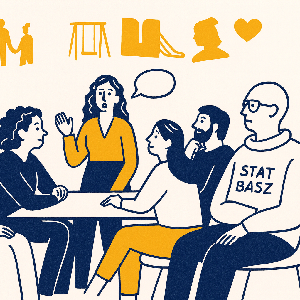 Eine Gruppe von sechs Personen sitzt an einem Tisch und spricht miteinander. Die Szene wirkt wie ein offenes Austauschtreffen.