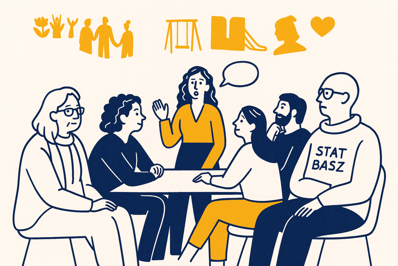 Eine Gruppe von sechs Personen sitzt an einem Tisch und spricht miteinander. Die Szene wirkt wie ein offenes Austauschtreffen.