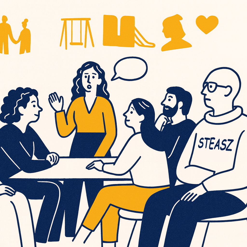 Eine Gruppe von sechs Personen sitzt an einem Tisch und spricht miteinander. Die Szene wirkt wie ein offenes Austauschtreffen.