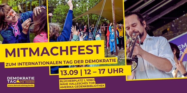 Collage zum Mitmachfest mit Kinderschminken, einer Gruppe mit erhobenen Händen und einem Musiker mit Trompete.