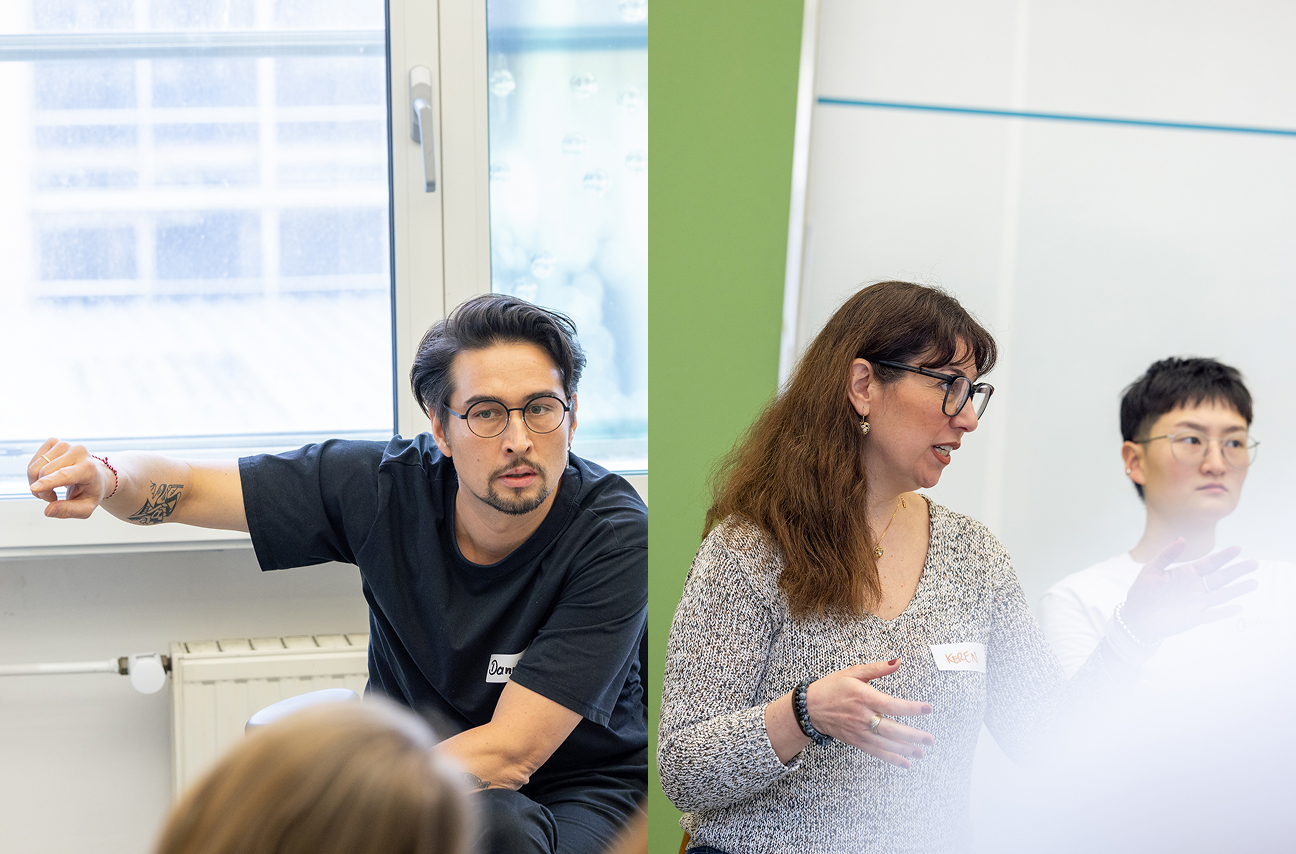 Collage: Links gestikulierende Person am Fenster, rechts Gespräch mit zwei Personen und einer zuhörenden Person.