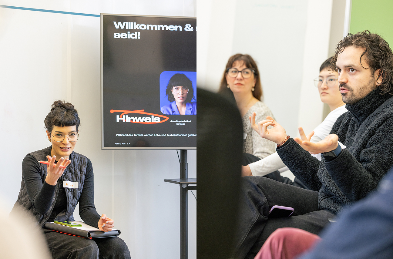 Collage: Links Person vor Begrüßungsfolie, rechts Diskussion in Runde mit fragender Geste.