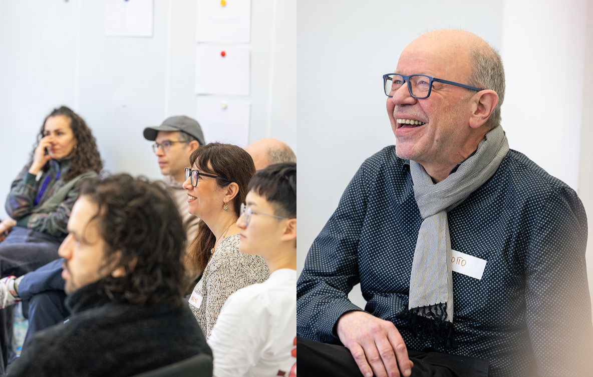 Collage: Links zuhören in einer Gruppe, rechts eine lachende Person im Profil.