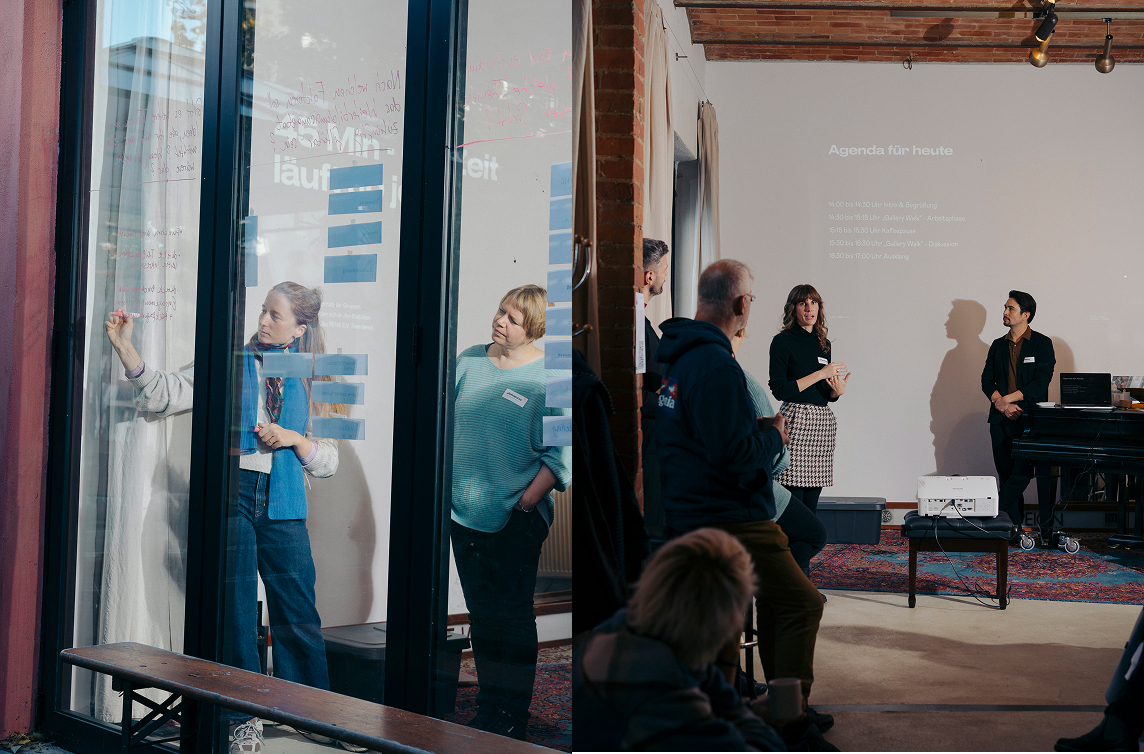 Collage: Links Arbeit an Glaswand mit Notizen, rechts Präsentation vor Gruppe mit projizierter Agenda.