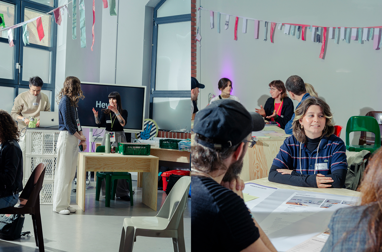 Collage: Links Präsentation vor Bildschirm, rechts Gesprächsrunden an Tischen mit bunten Girlanden.