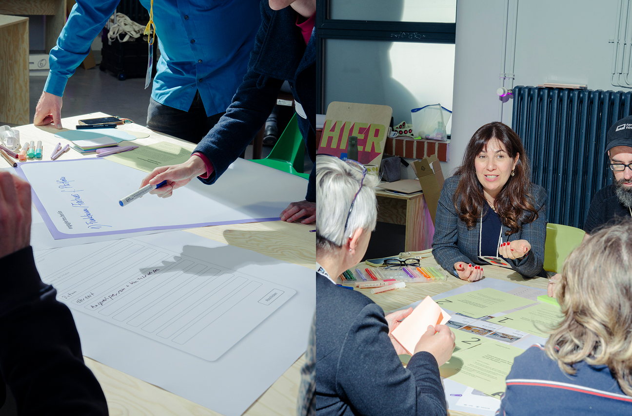 Collage: Links Arbeit an Papierbögen mit Notizen, rechts Gesprächsrunde mit Materialien am Tisch.